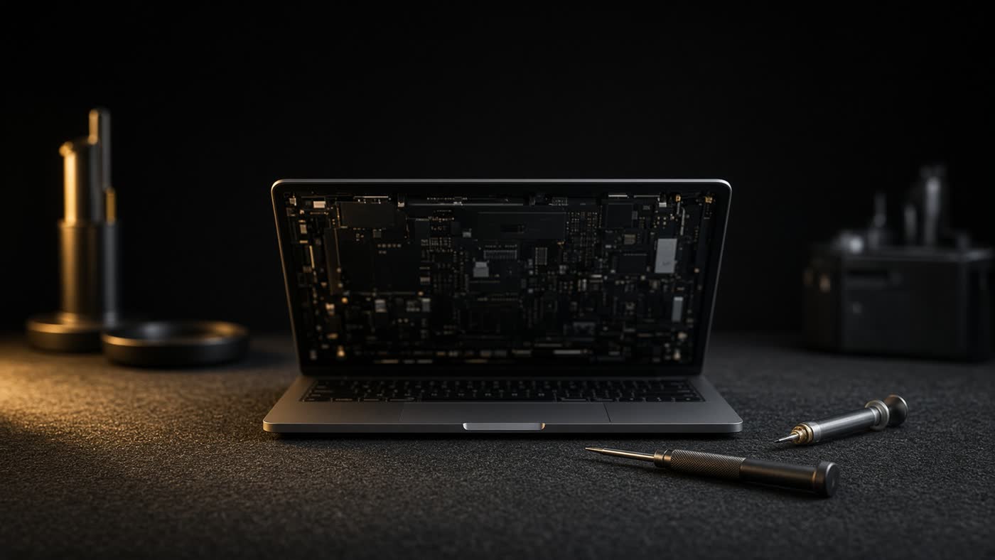 Open laptop on a Chennai PC repair bench with tools